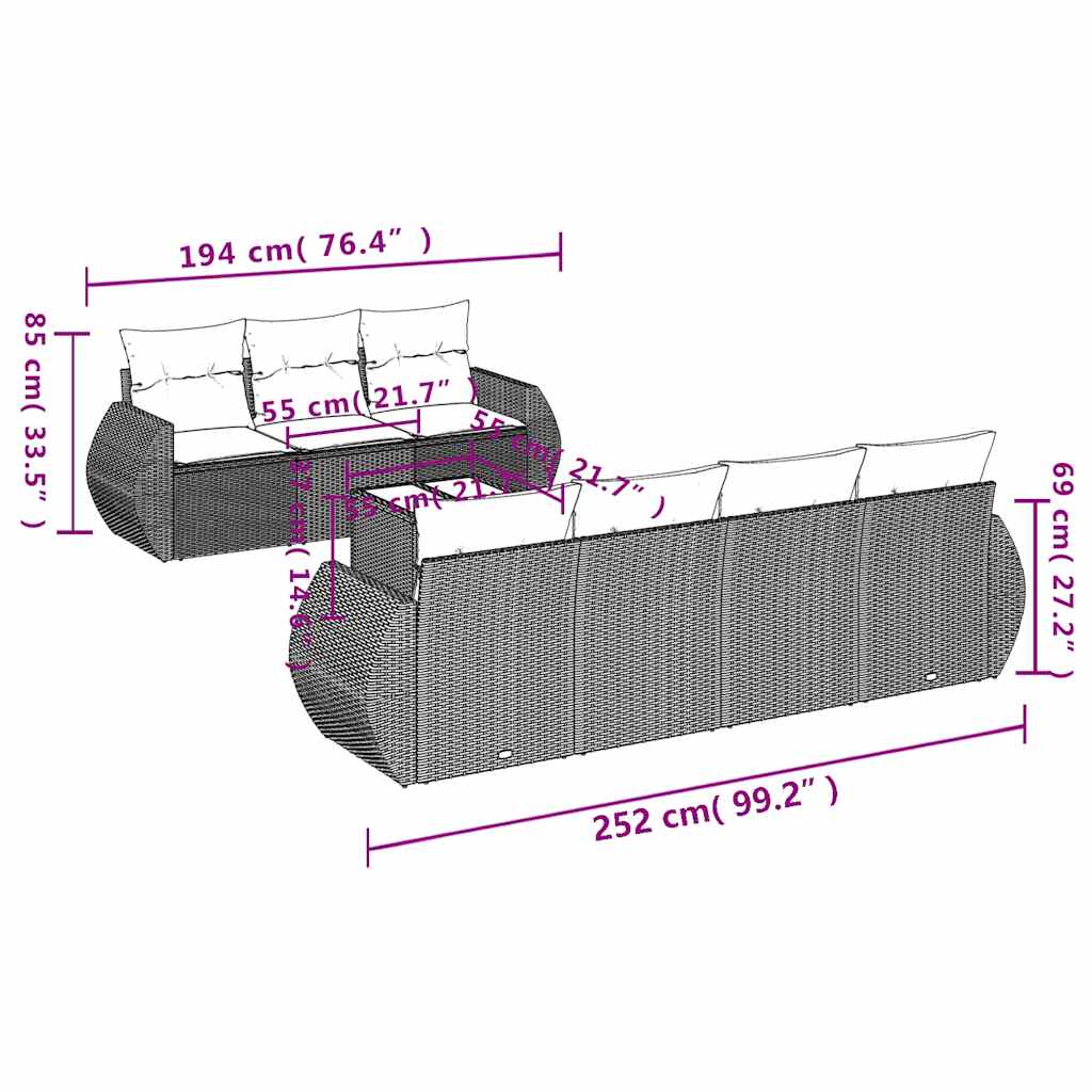 8 részes világosszürke polyrattan kerti ülőgarnitúra párnával