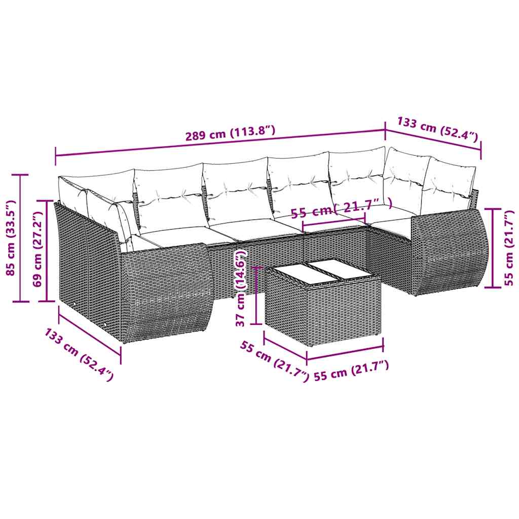 8 részes világosszürke polyrattan kerti ülőgarnitúra párnával