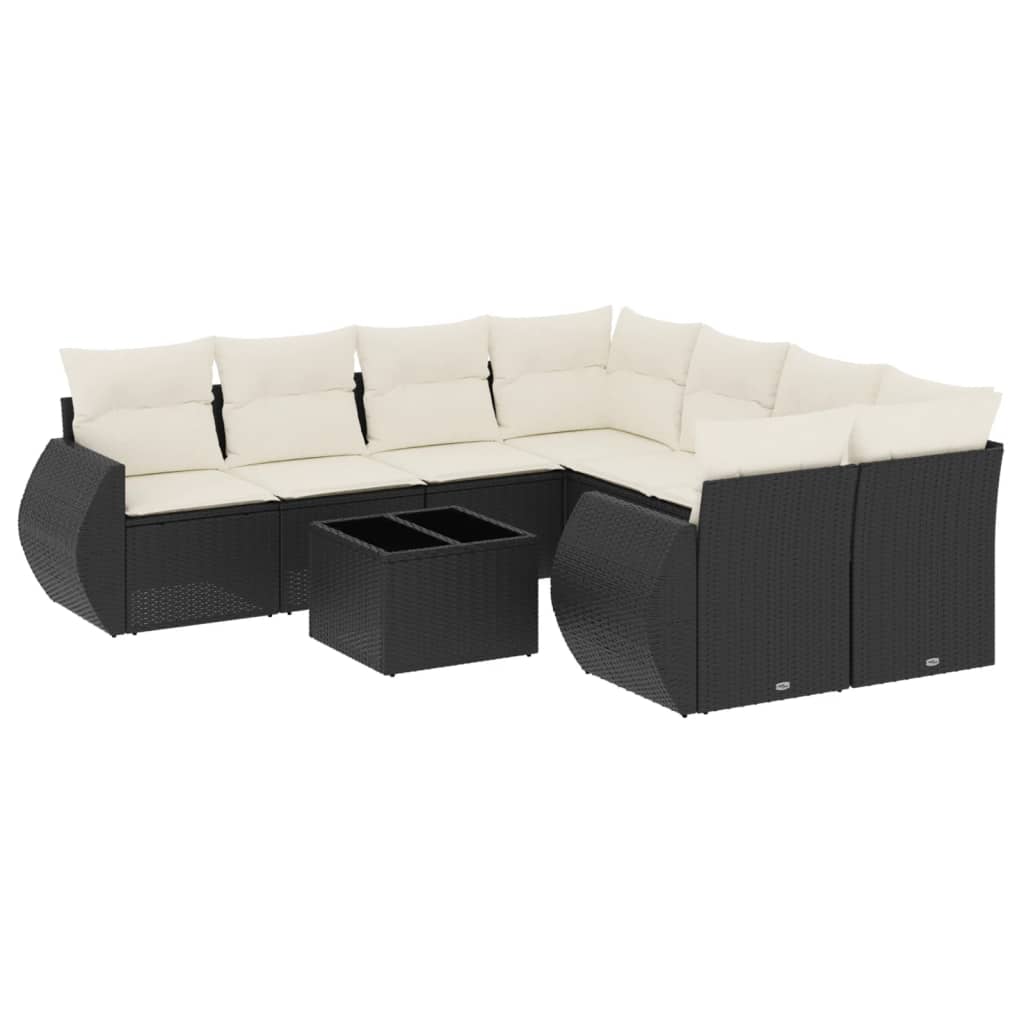 9 részes fekete polyrattan kerti ülőgarnitúra párnákkal