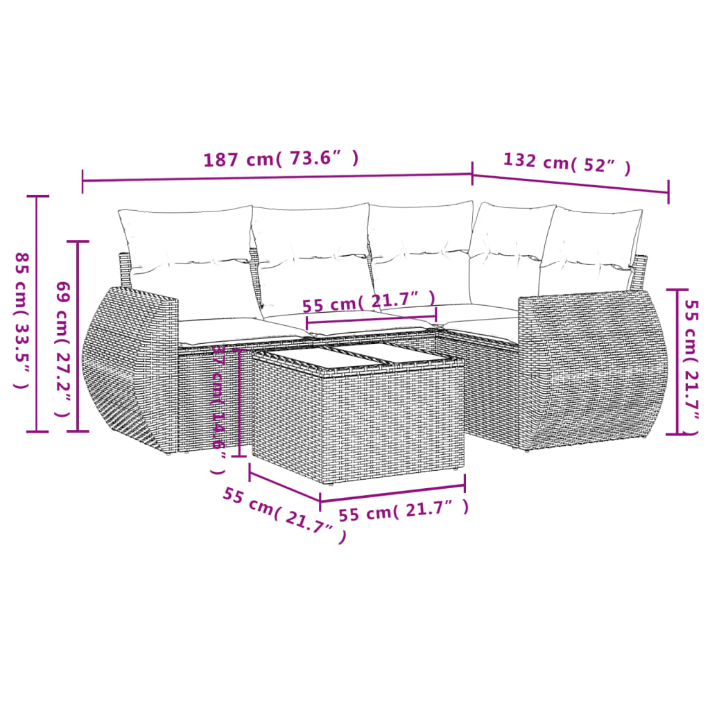5 részes fekete polyrattan kerti kanapészett párnákkal