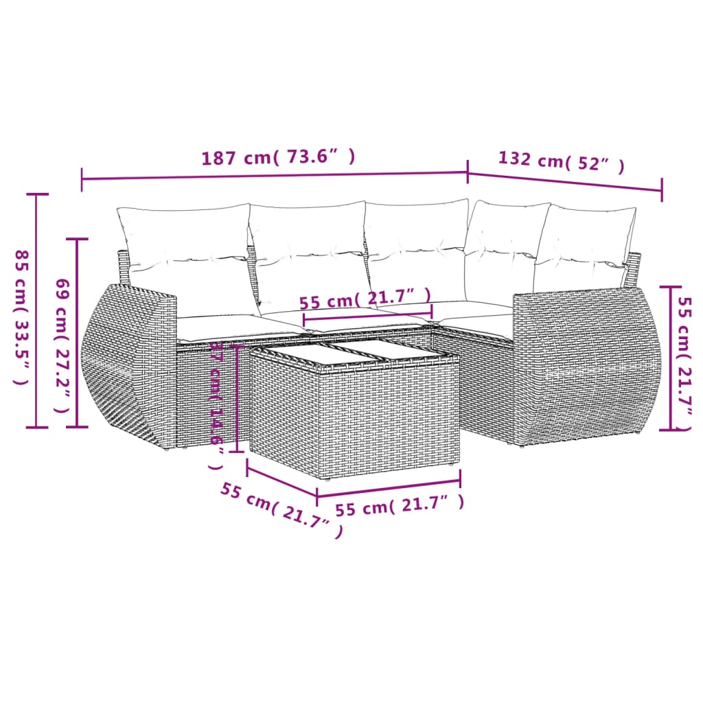 5 részes barna polyrattan kerti ülőgarnitúra párnával