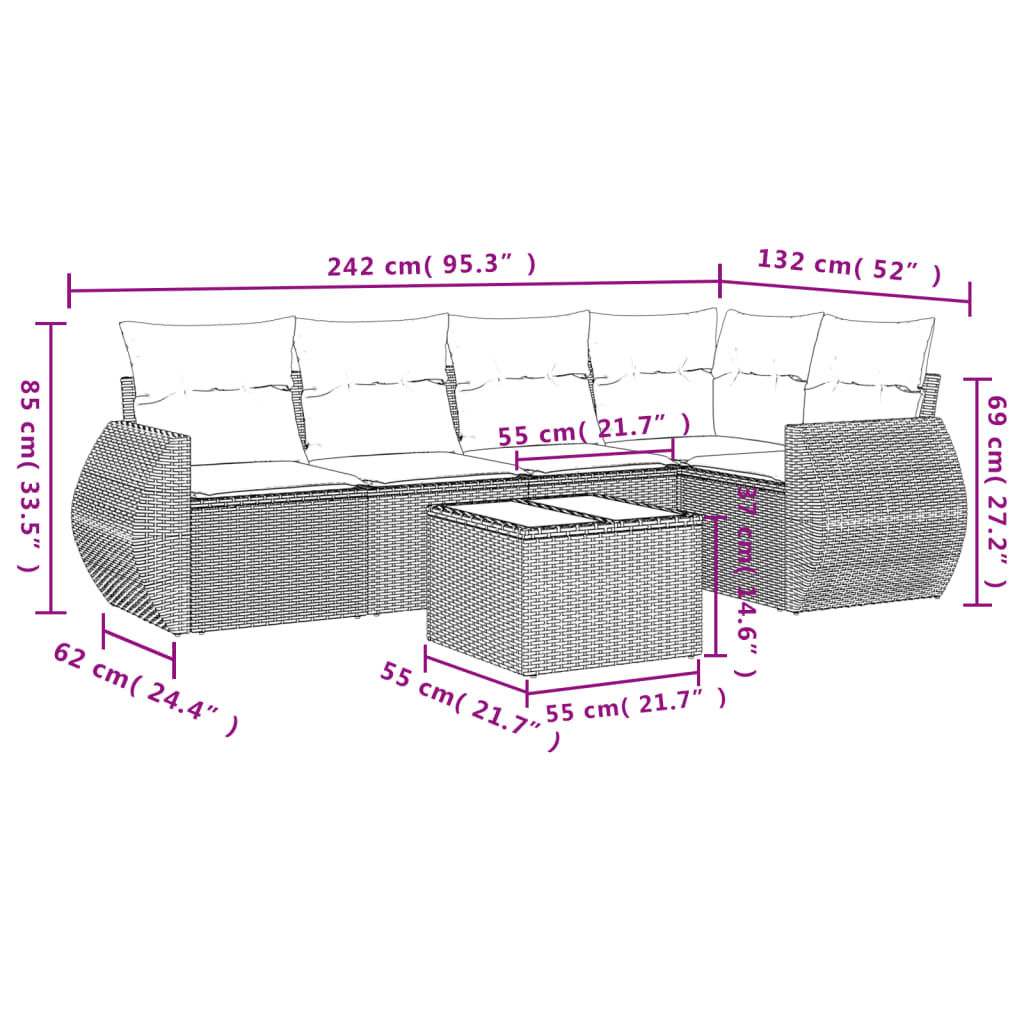 6 részes fekete polyrattan kerti ülőgarnitúra párnákkal