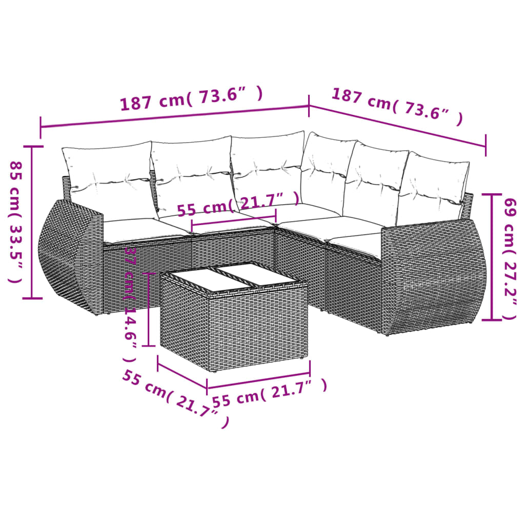 6 részes fekete polyrattan kerti ülőgarnitúra párnákkal