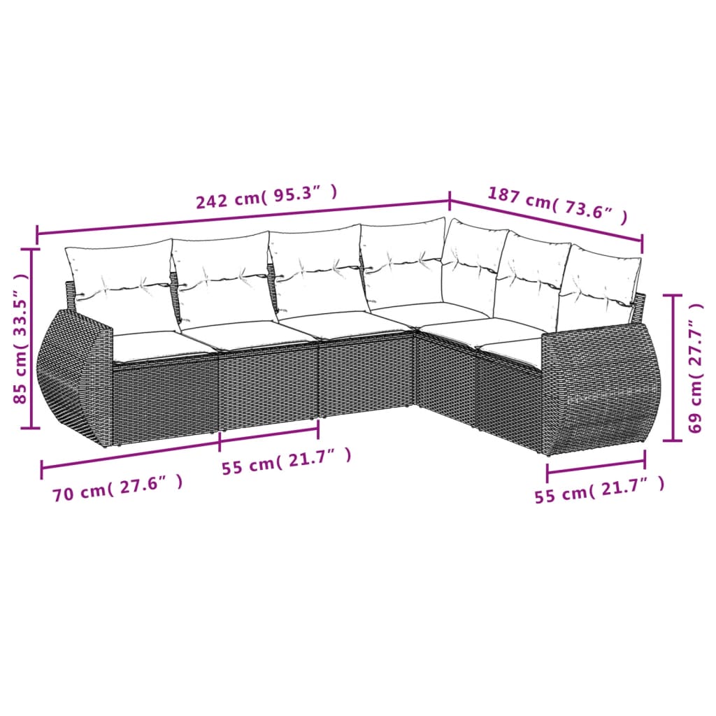 6 részes fekete polyrattan kerti ülőgarnitúra párnákkal