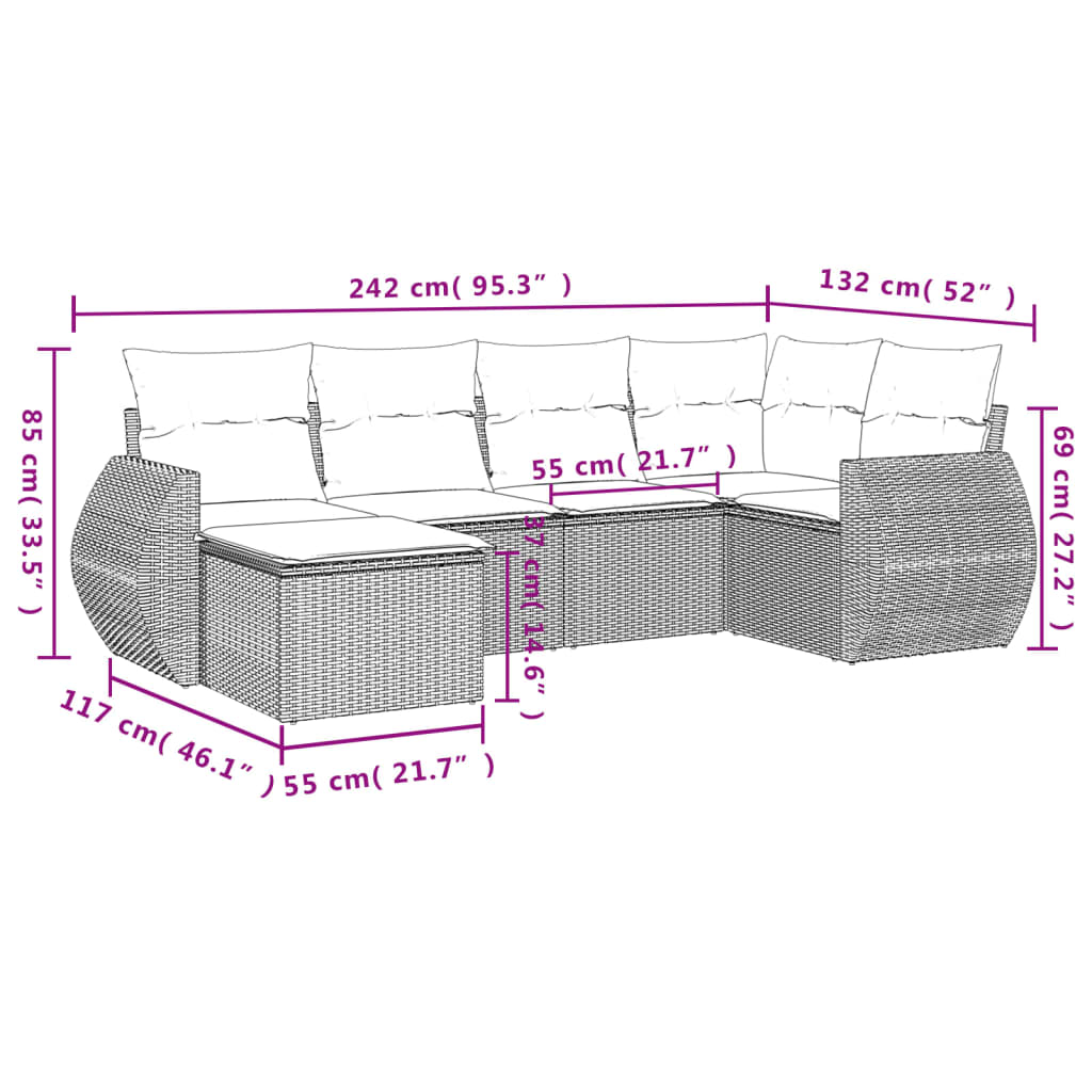 6 részes fekete polyrattan kerti ülőgarnitúra párnákkal