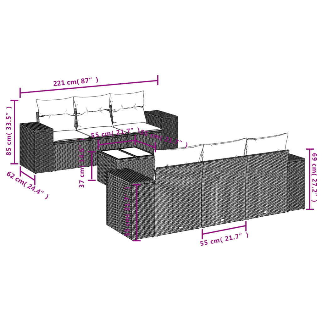 7 részes barna polyrattan kerti ülőgarnitúra párnákkal