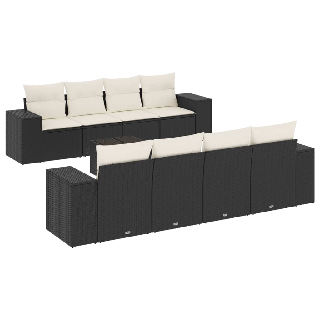 9 részes fekete polyrattan kerti ülőgarnitúra párnákkal