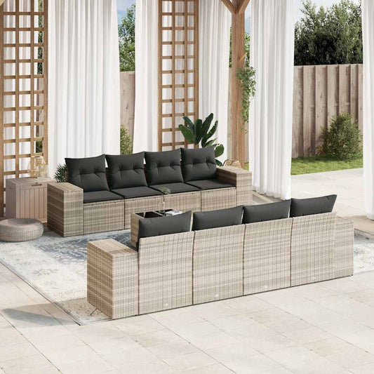 9 részes világosszürke polyrattan kerti ülőgarnitúra párnával