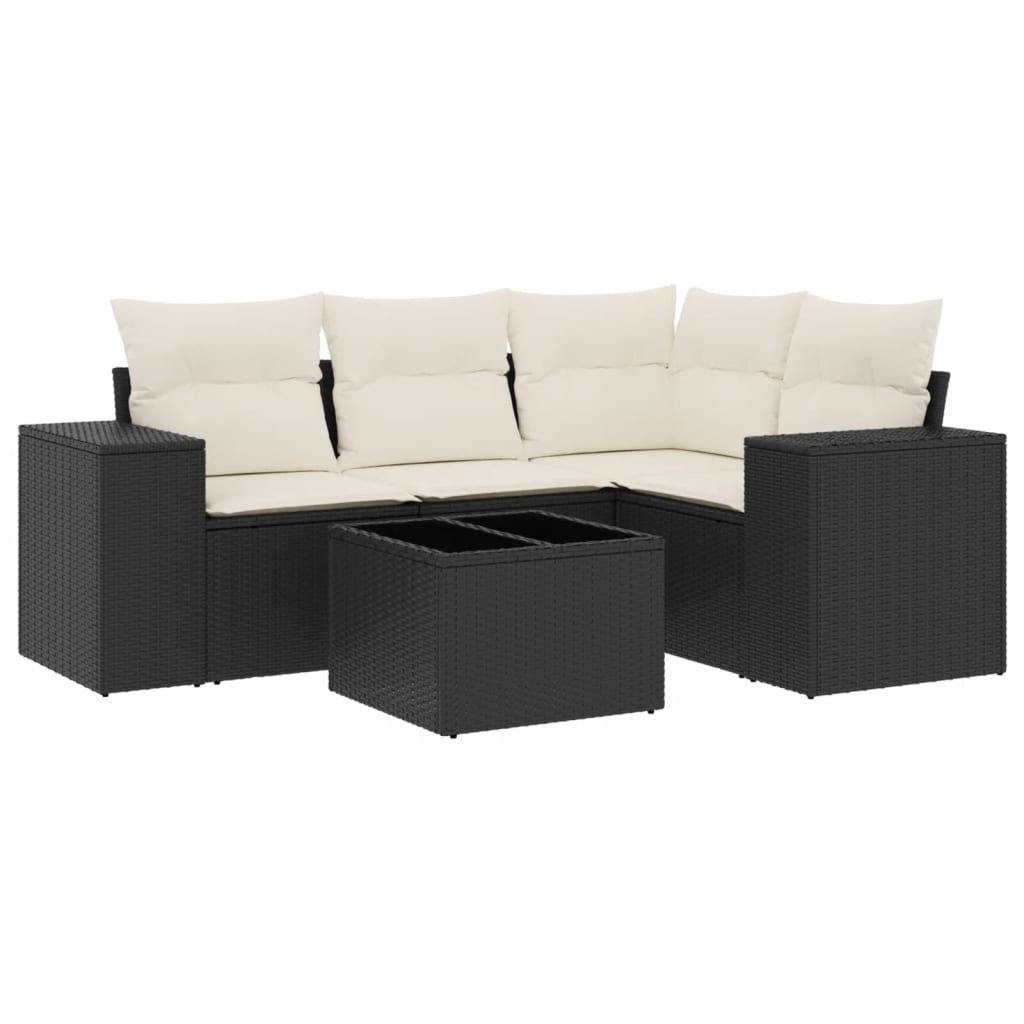 5 részes fekete polyrattan kerti kanapészett párnákkal