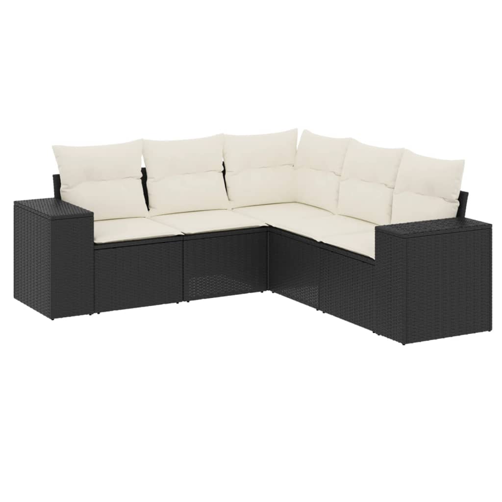 5 részes fekete polyrattan kerti kanapészett párnákkal