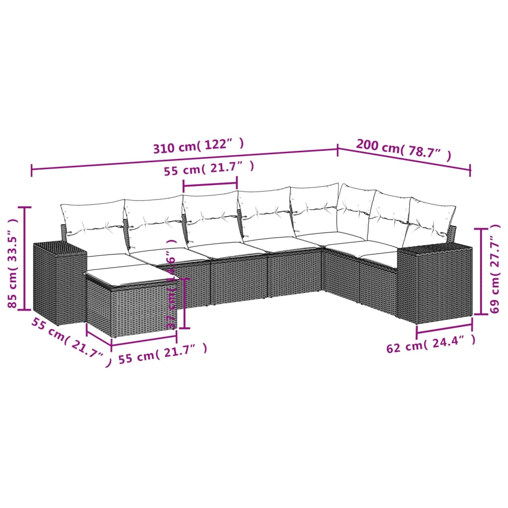 8 részes fekete polyrattan kerti ülőgarnitúra párnákkal