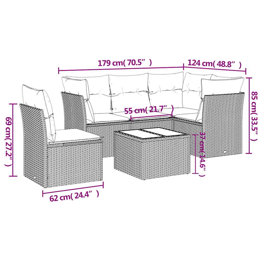 6 részes fekete polyrattan kerti ülőgarnitúra párnákkal