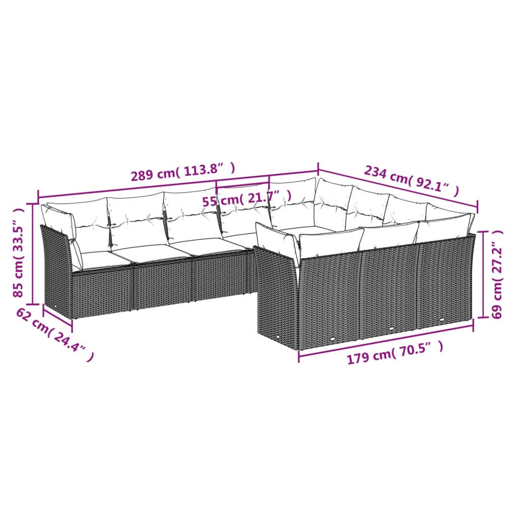10 részes szürke polyrattan kerti ülőgarnitúra párnákkal