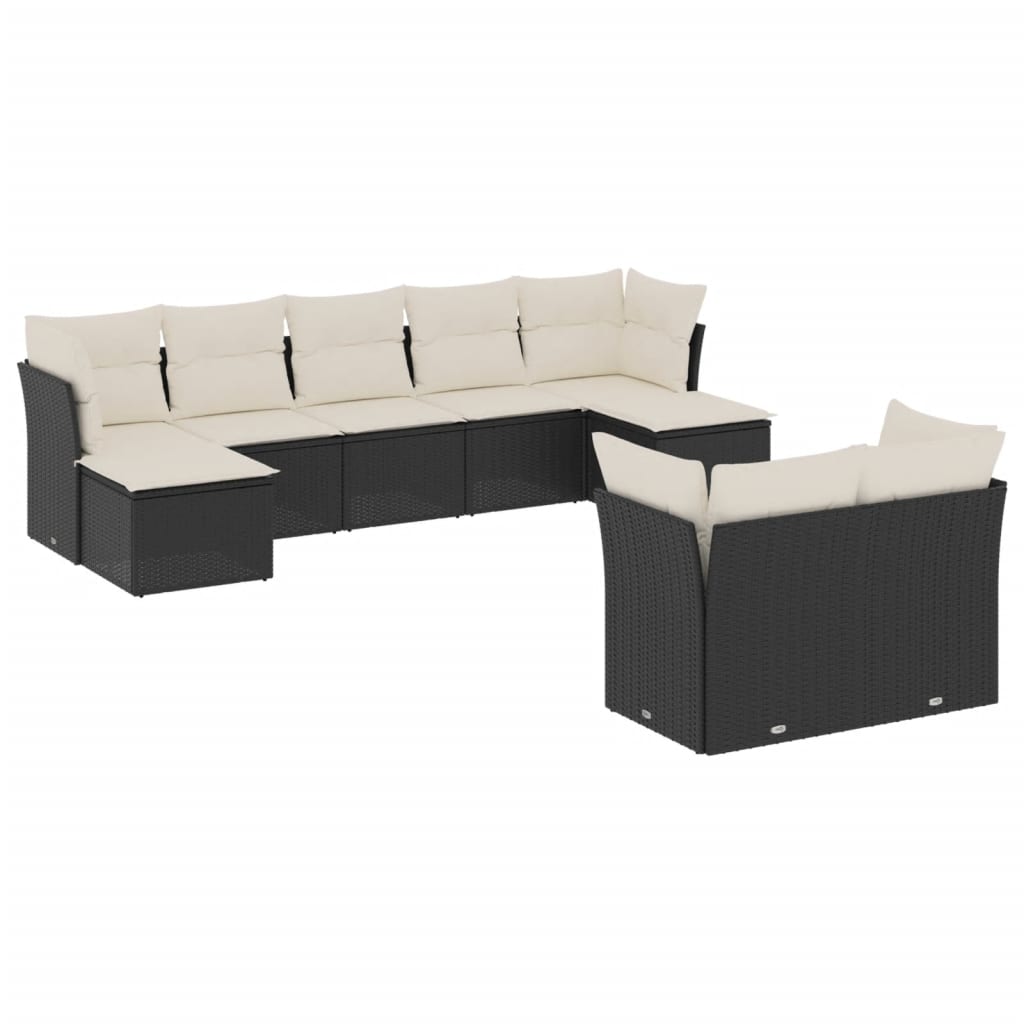 9 részes fekete polyrattan kerti ülőgarnitúra párnákkal