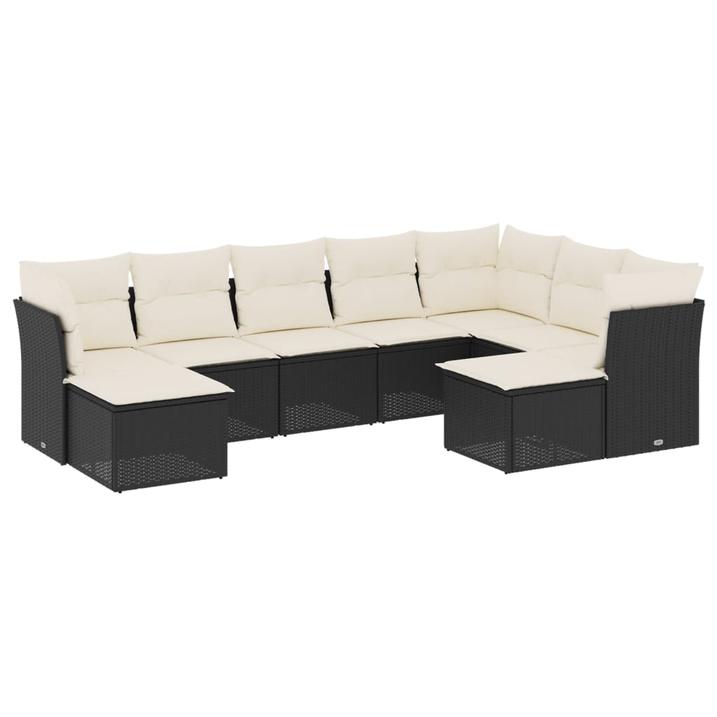 9 részes fekete polyrattan kerti ülőgarnitúra párnákkal