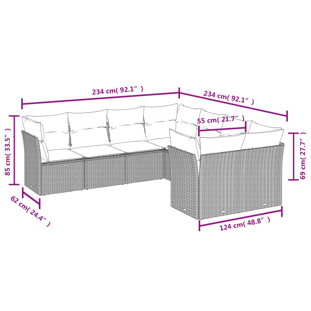 8 részes szürke polyrattan kerti ülőgarnitúra párnákkal