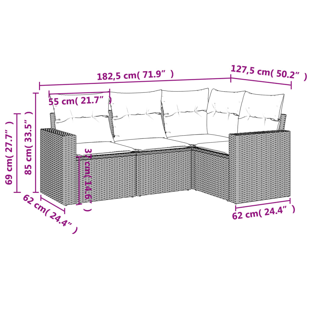 4 részes fekete polyrattan kerti ülőgarnitúra párnákkal