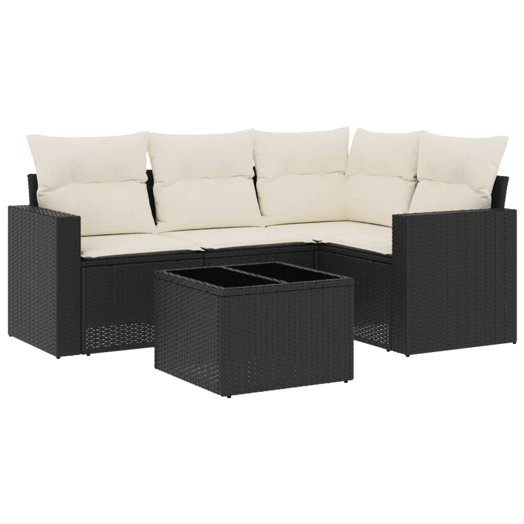 5 részes fekete polyrattan kerti kanapészett párnákkal