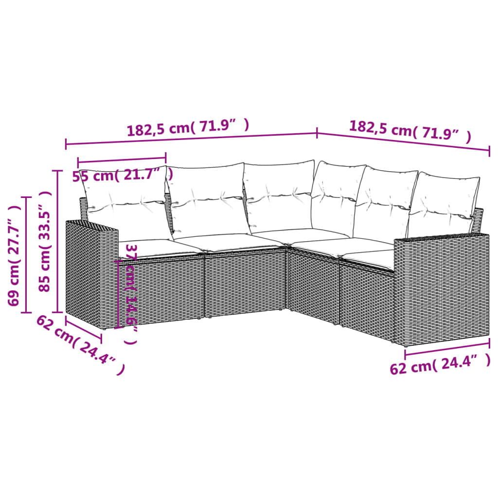 5 részes fekete polyrattan kerti kanapészett párnákkal