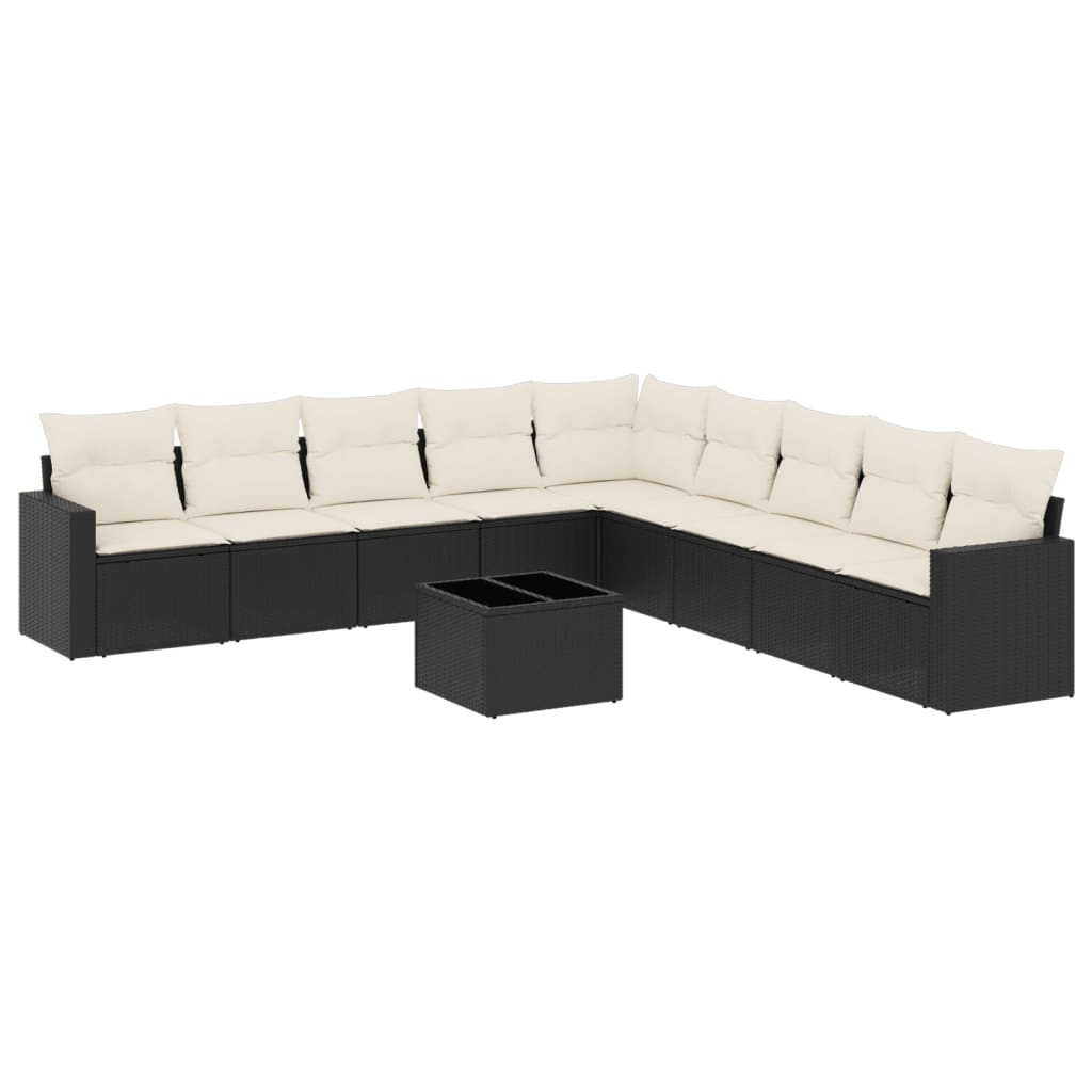 10 részes fekete polyrattan kerti ülőgarnitúra párnákkal