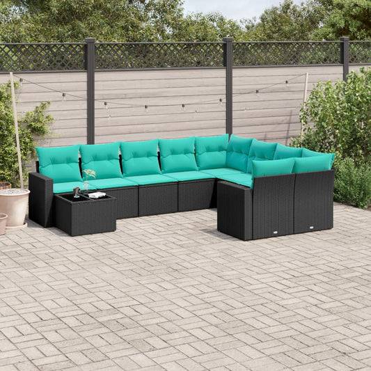 10 részes fekete polyrattan kerti ülőgarnitúra párnával