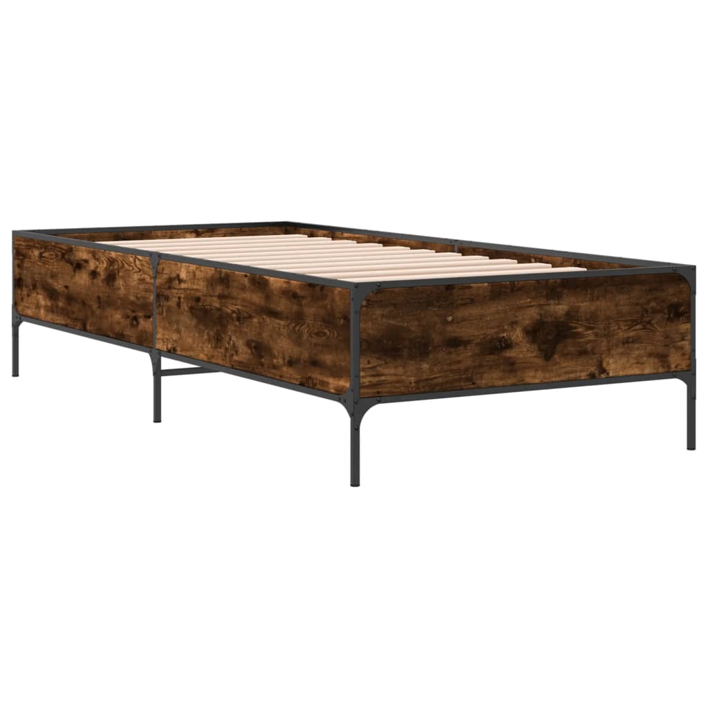füstös tölgyszínű szerelt fa és fém ágykeret 90 x 200 cm
