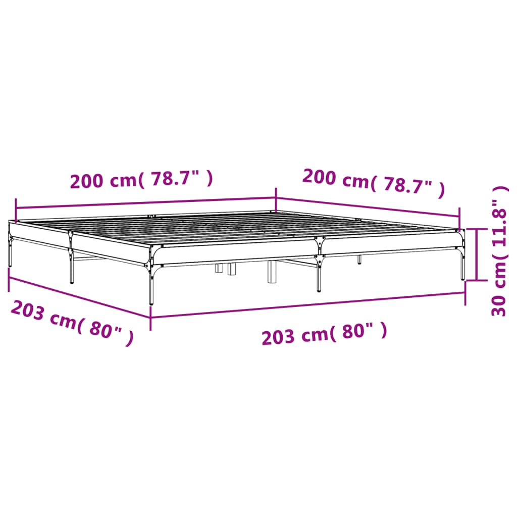 füstös tölgyszínű szerelt fa és fém ágykeret 200 x 200 cm