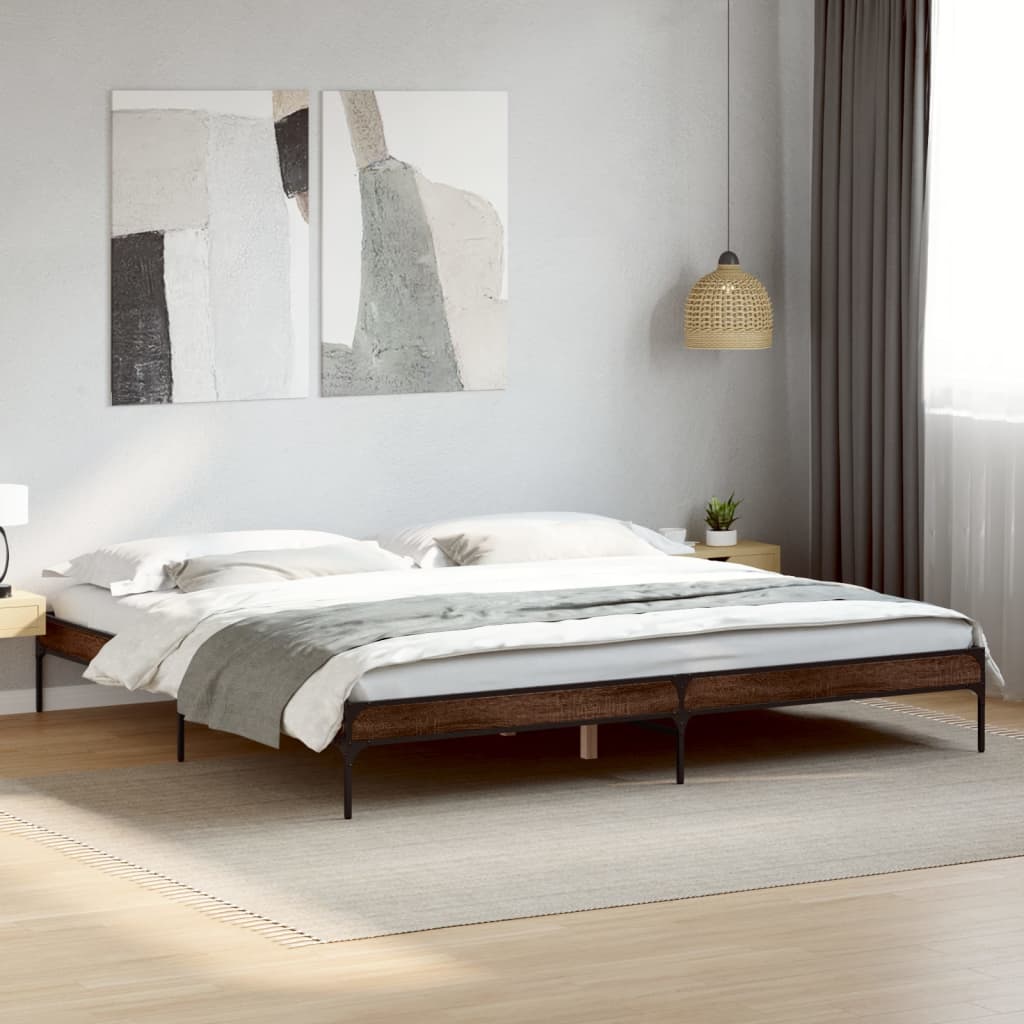 barna tölgyszínű szerelt fa és fém ágykeret 200 x 200 cm