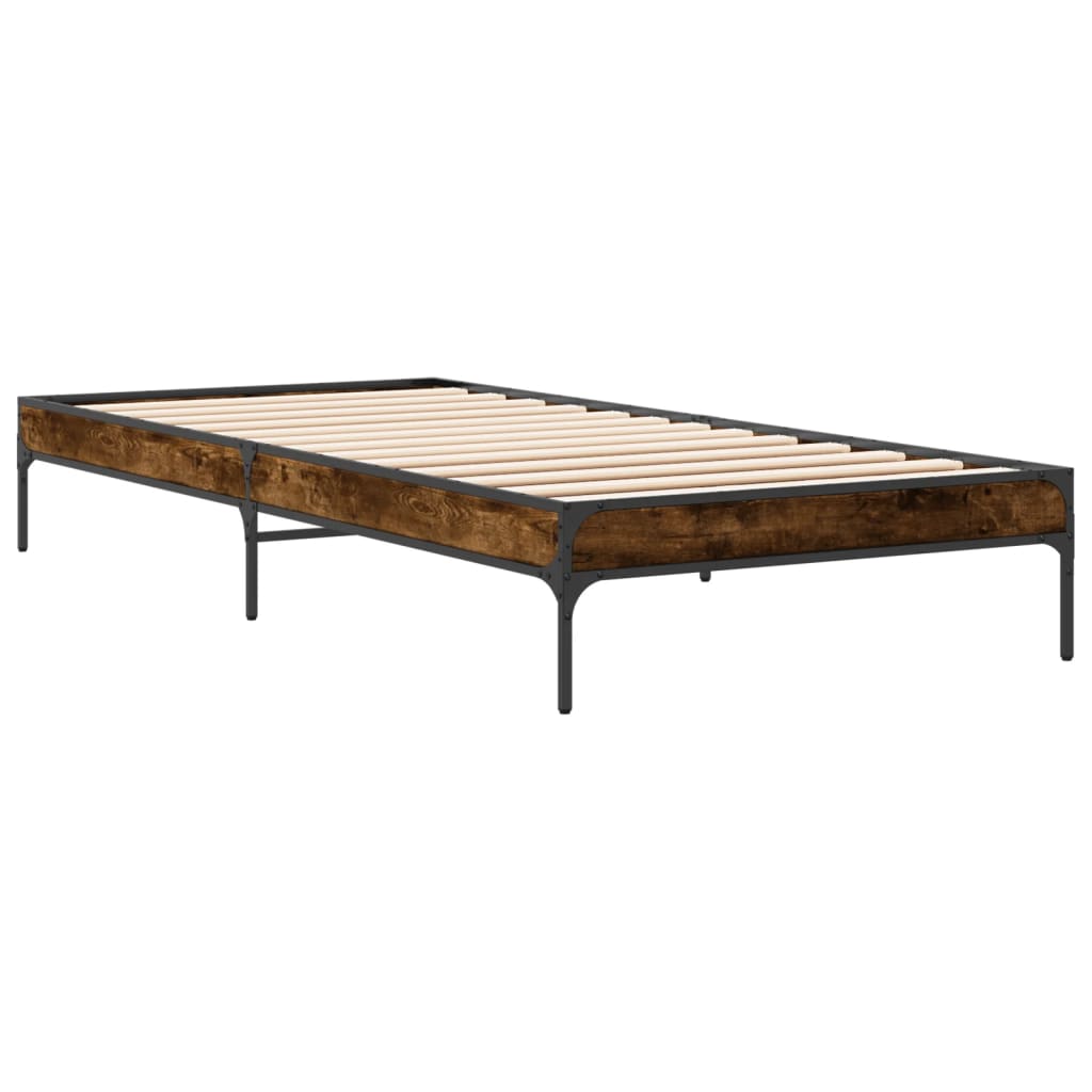 füstös tölgyszínű szerelt fa és fém ágykeret 100 x 200 cm