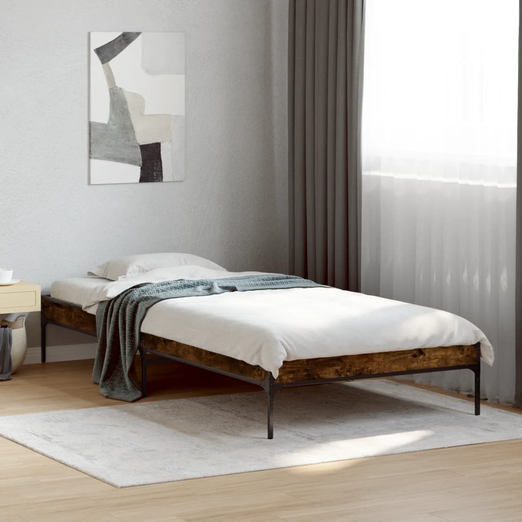 füstös tölgyszínű szerelt fa és fém ágykeret 90 x 200 cm