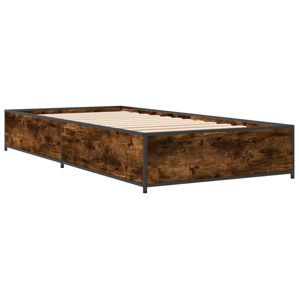 füstös tölgyszínű szerelt fa és fém ágykeret 100 x 200 cm