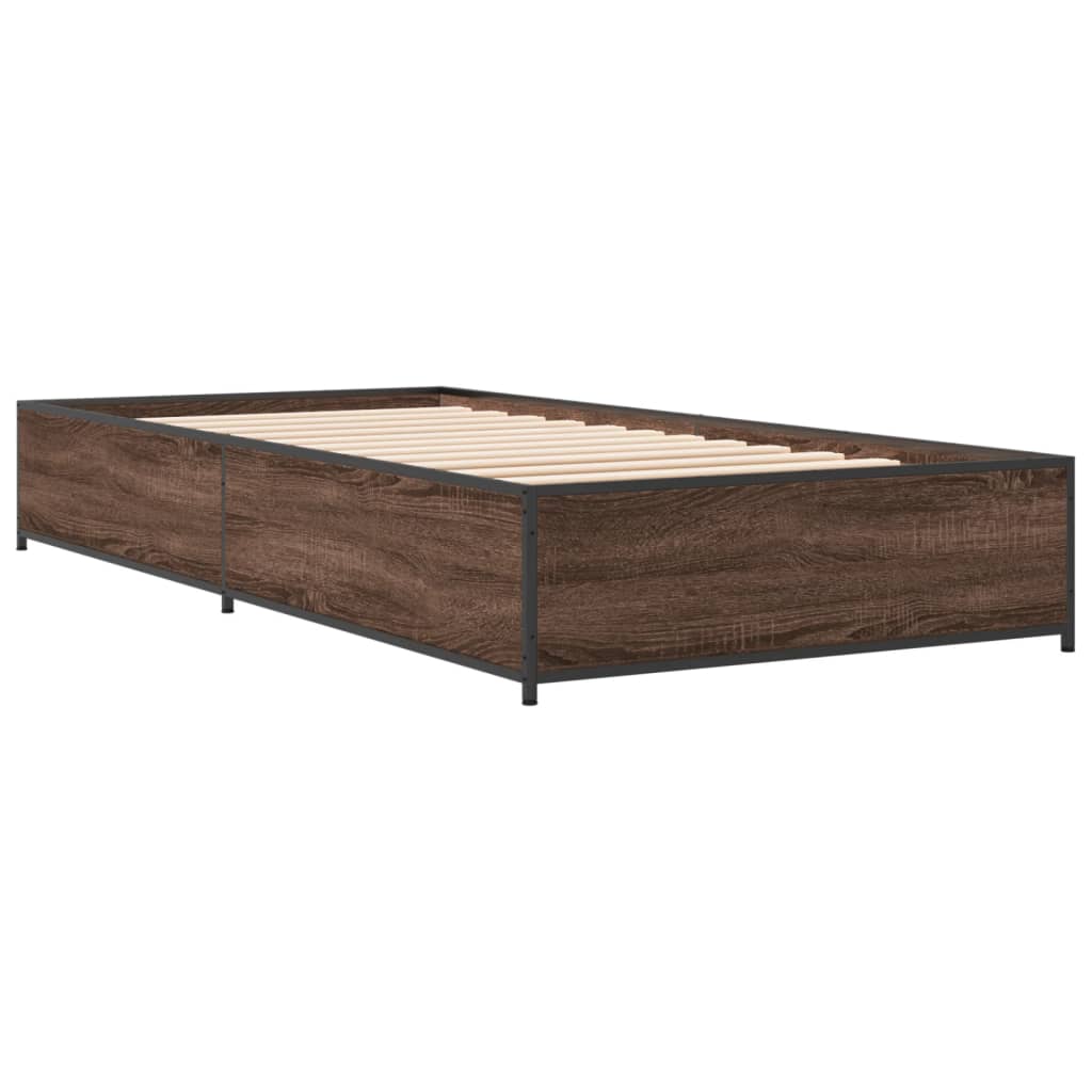 barna tölgyszínű szerelt fa és fém ágykeret 100 x 200 cm
