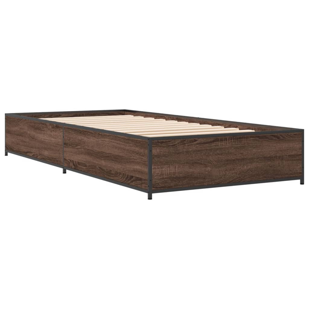 barna tölgyszínű szerelt fa és fém ágykeret 100 x 200 cm