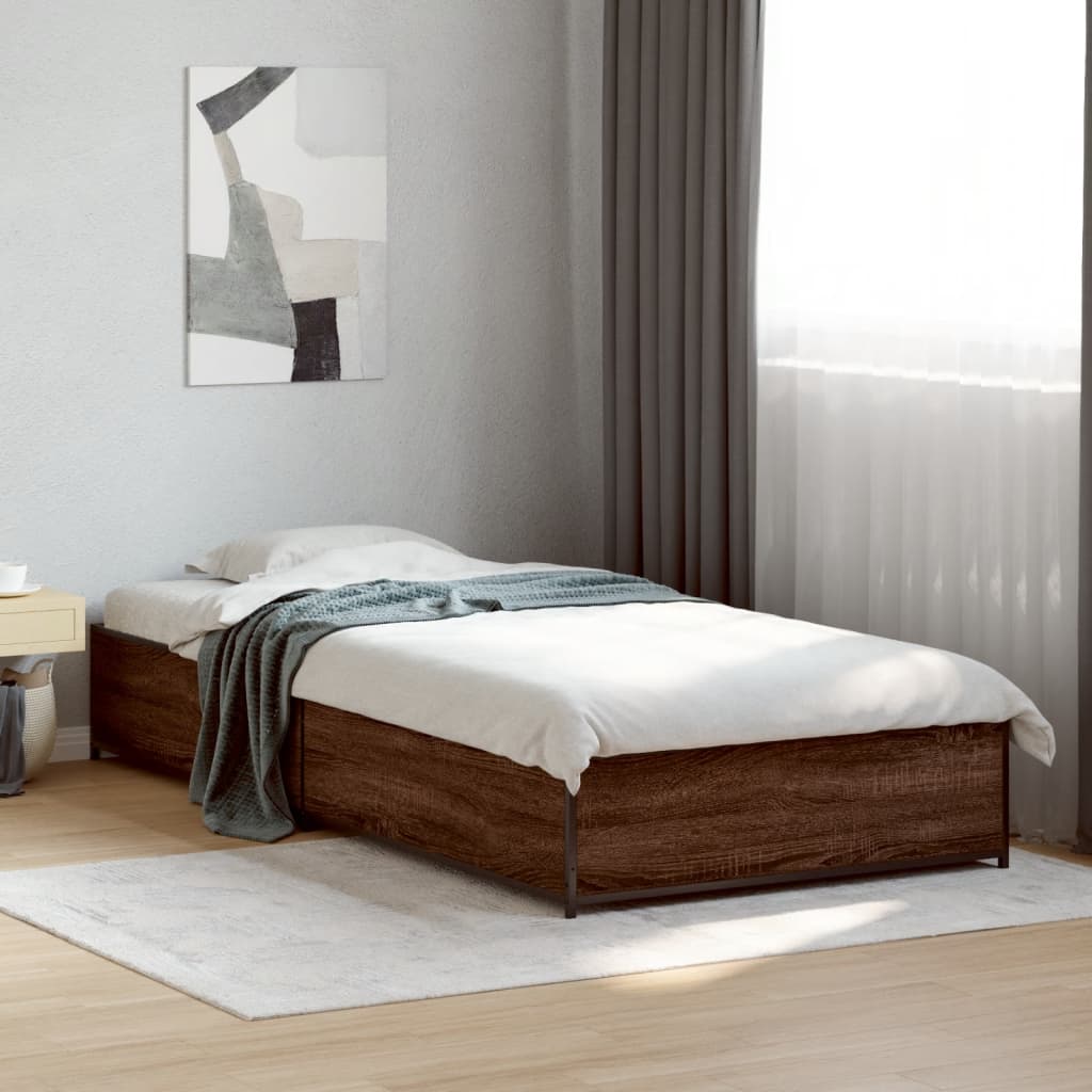 barna tölgyszínű szerelt fa és fém ágykeret 75 x 190 cm