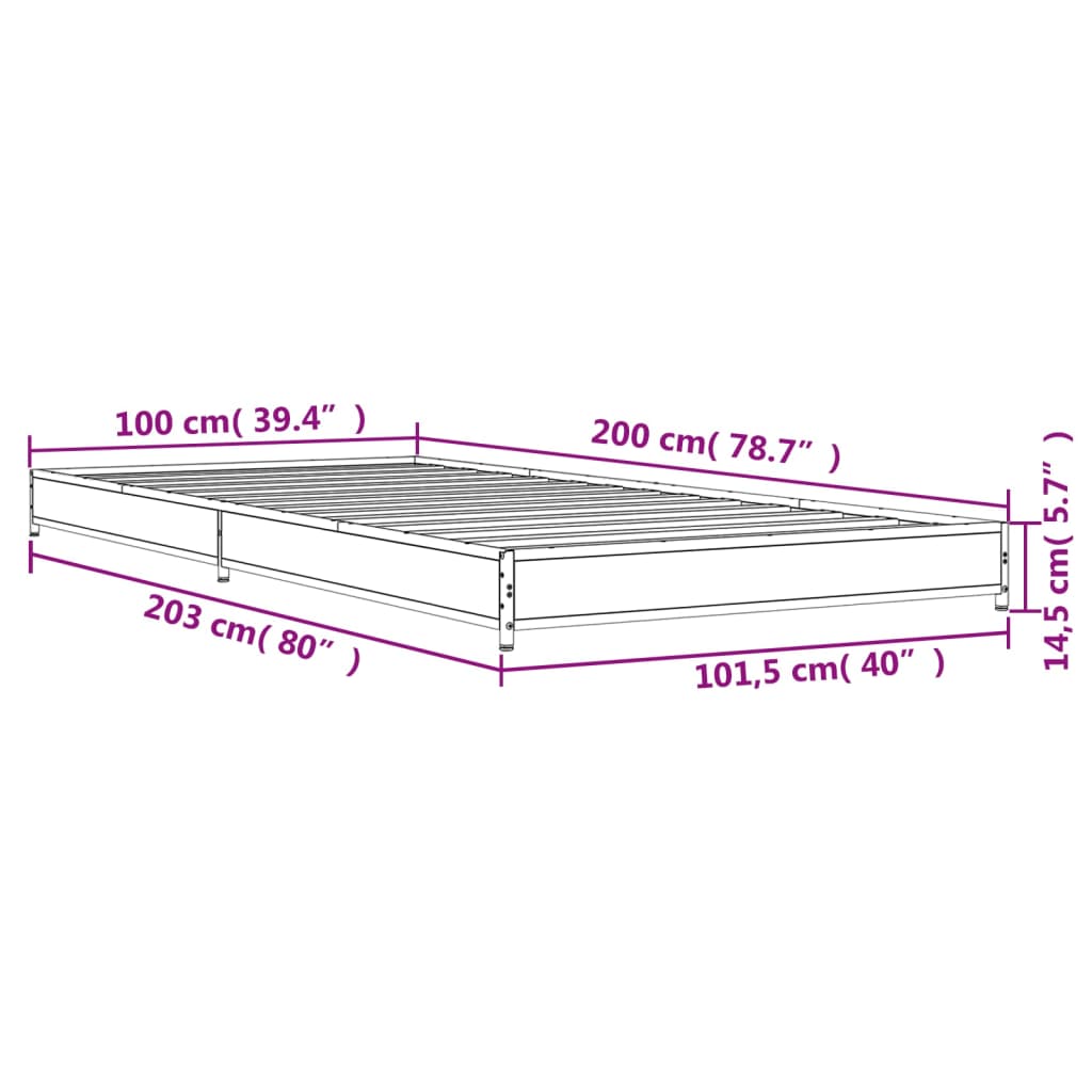 füstös tölgyszínű szerelt fa és fém ágykeret 100 x 200 cm