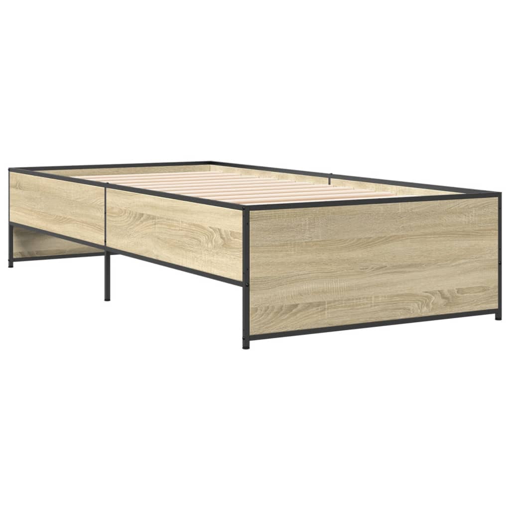 sonoma tölgyszínű szerelt fa és fém ágykeret 100 x 200 cm