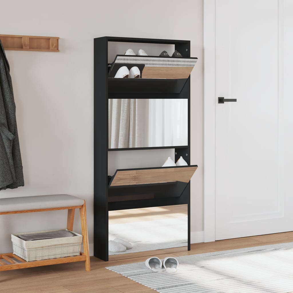 fekete 4 szintes cipőszekrény tükörrel 63 x 17 x 134 cm
