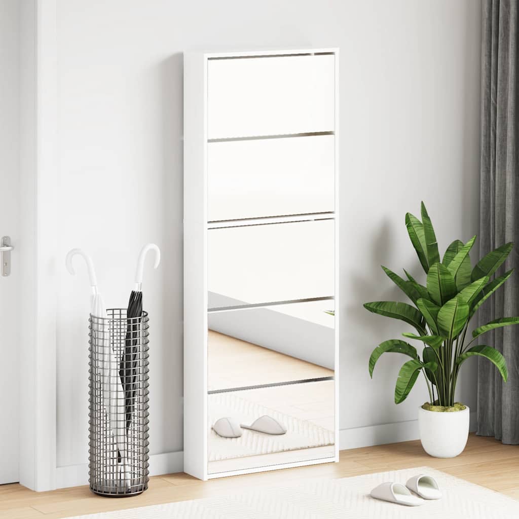 5 szintes magasfényű fehér cipőszekrény tükörrel 63x17x169,5 cm