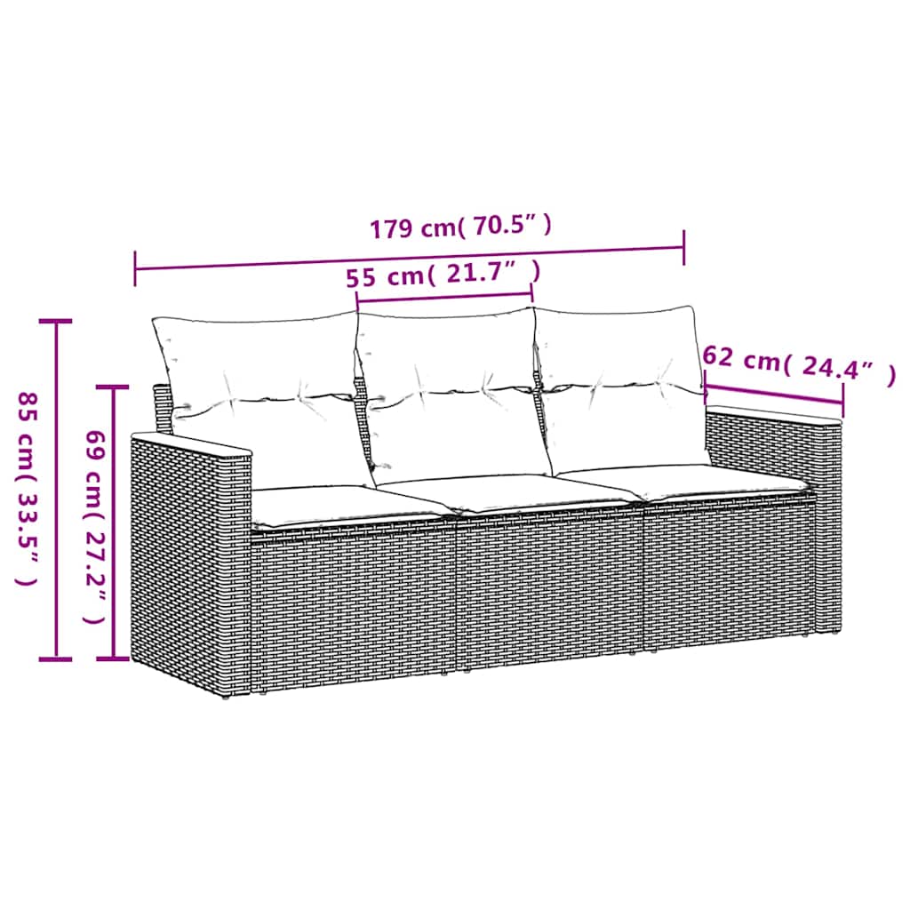 3 db fekete polyrattan kerti kanapégarnitúra párnákkal