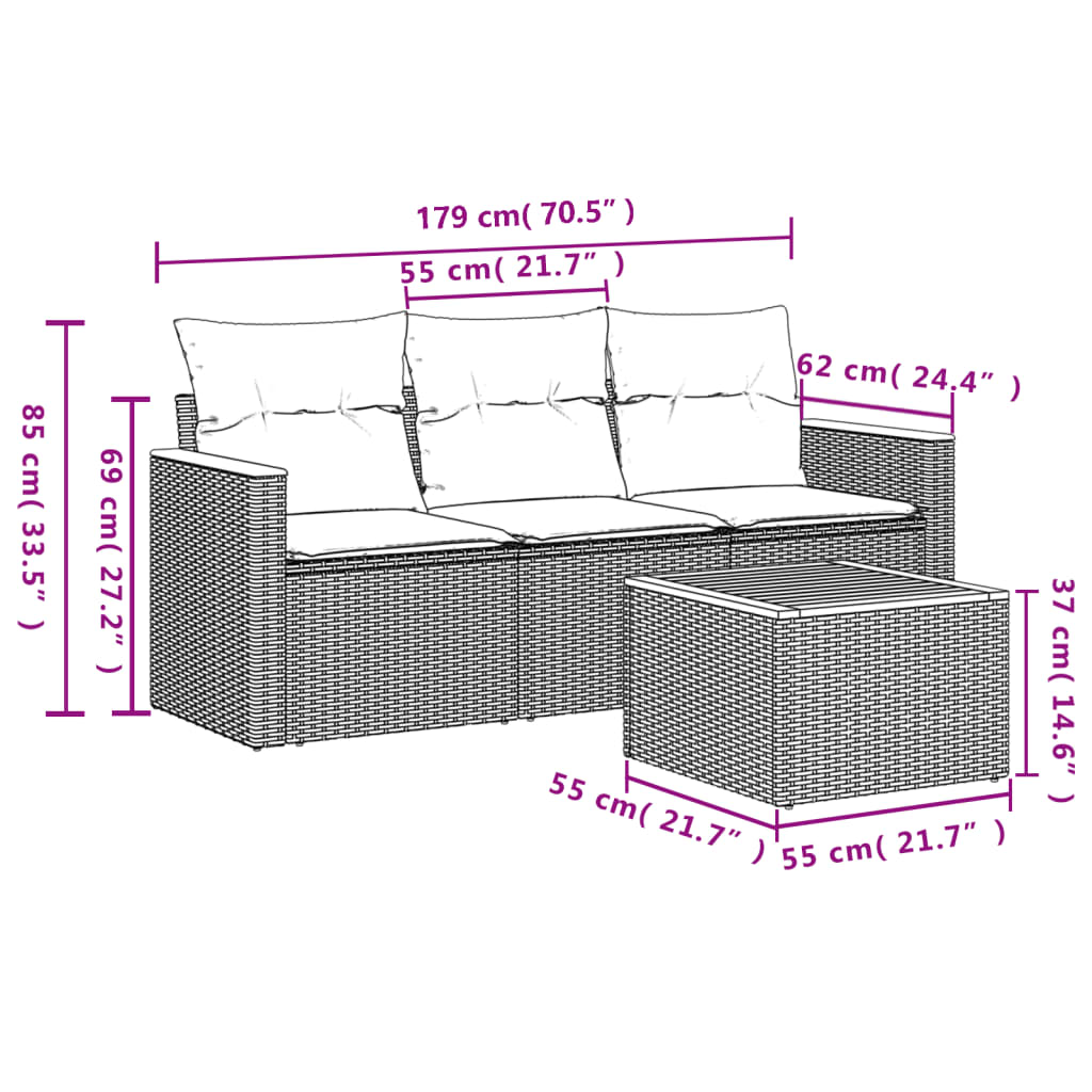 4 részes fekete polyrattan kerti ülőgarnitúra párnákkal