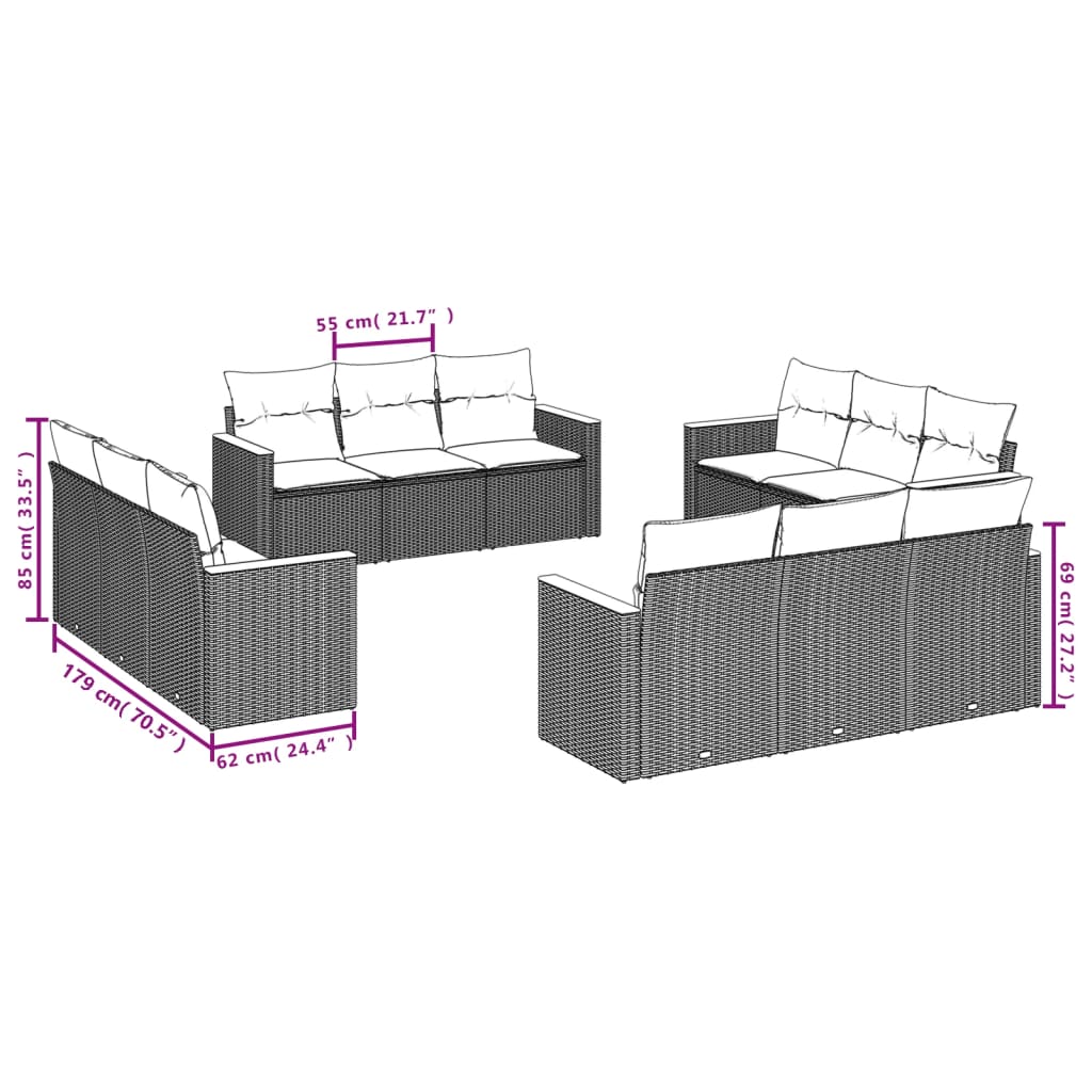 12 db szürke polyrattan kerti kanapégarnitúra párnákkal