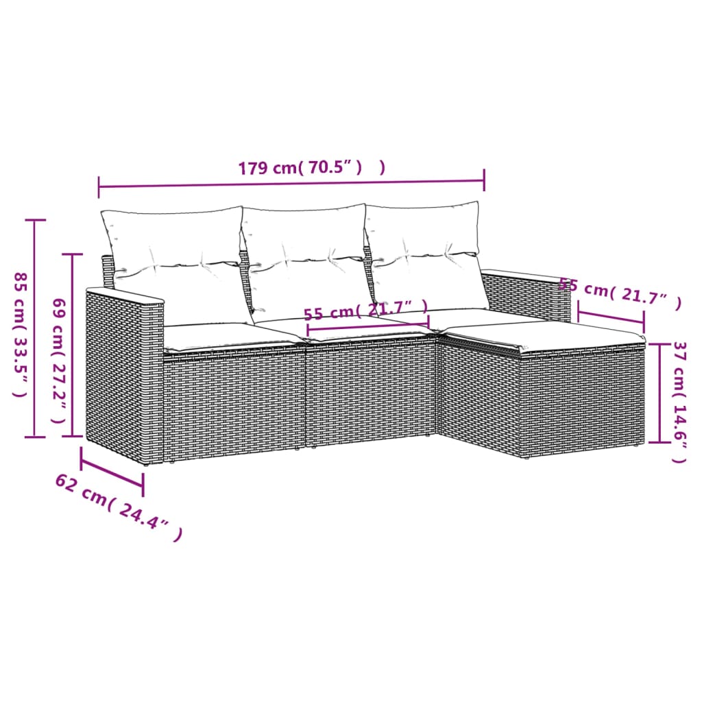 4 db szürke polyrattan kerti kanapégarnitúra párnákkal
