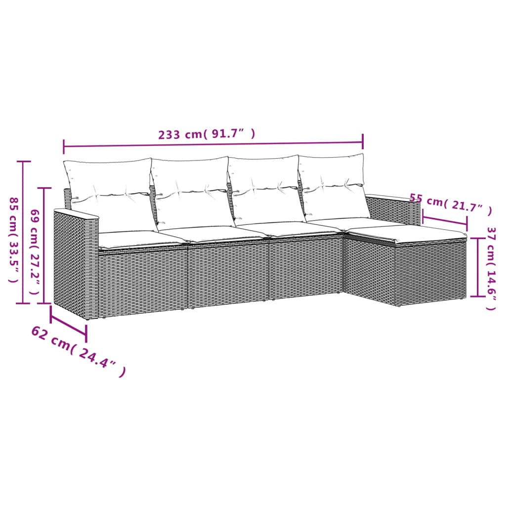 5 db szürke polyrattan kerti kanapégarnitúra párnákkal