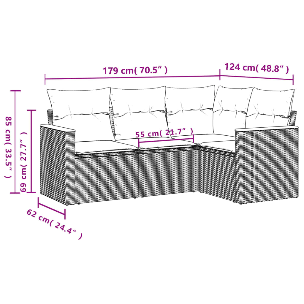4 db szürke polyrattan kerti kanapégarnitúra párnákkal