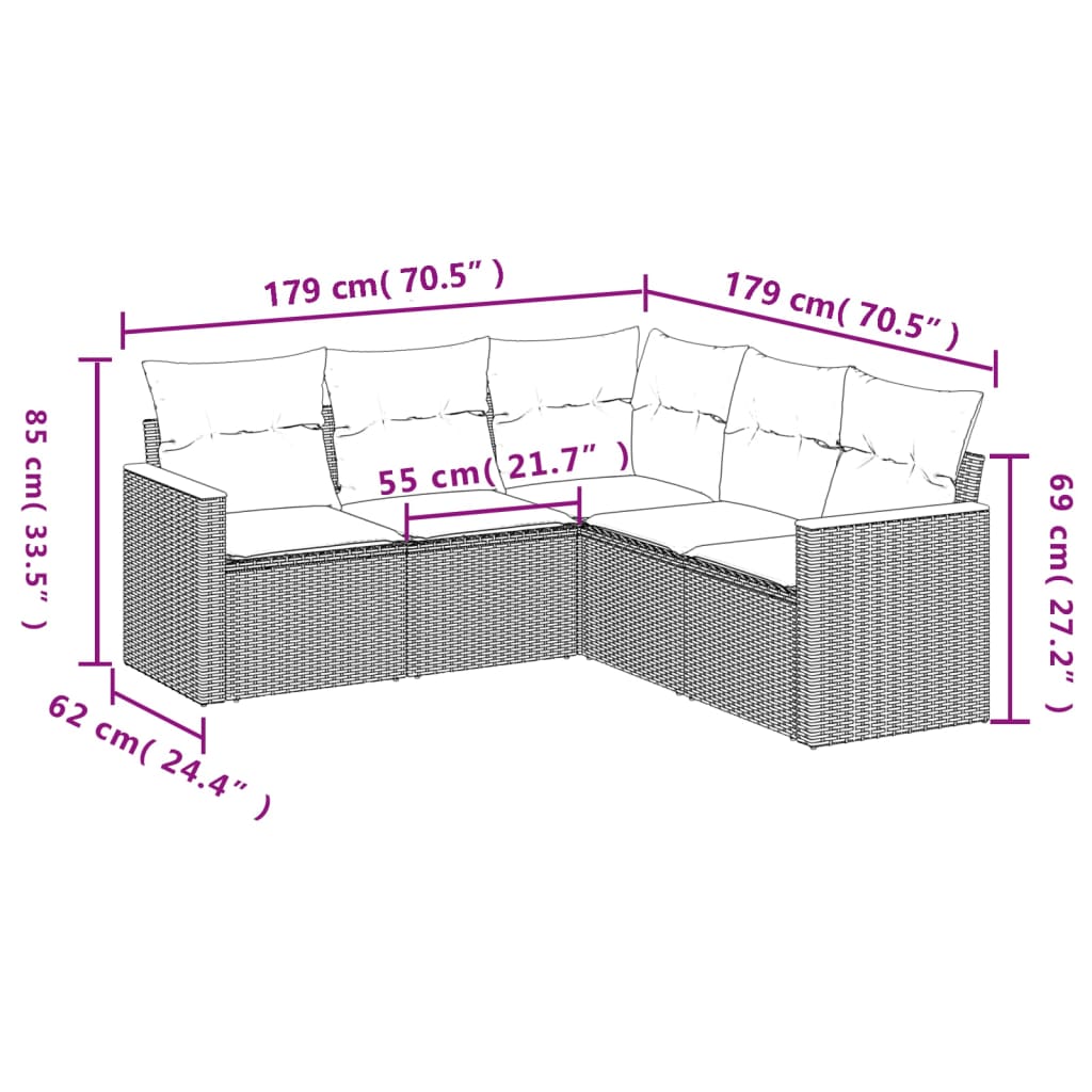5 db szürke polyrattan kerti kanapégarnitúra párnákkal