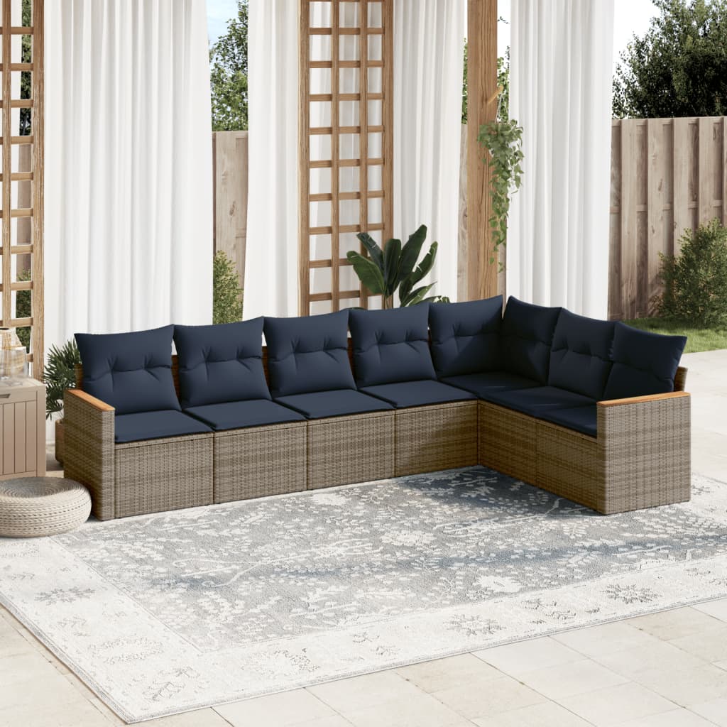 7 db szürke polyrattan kerti kanapégarnitúra párnákkal