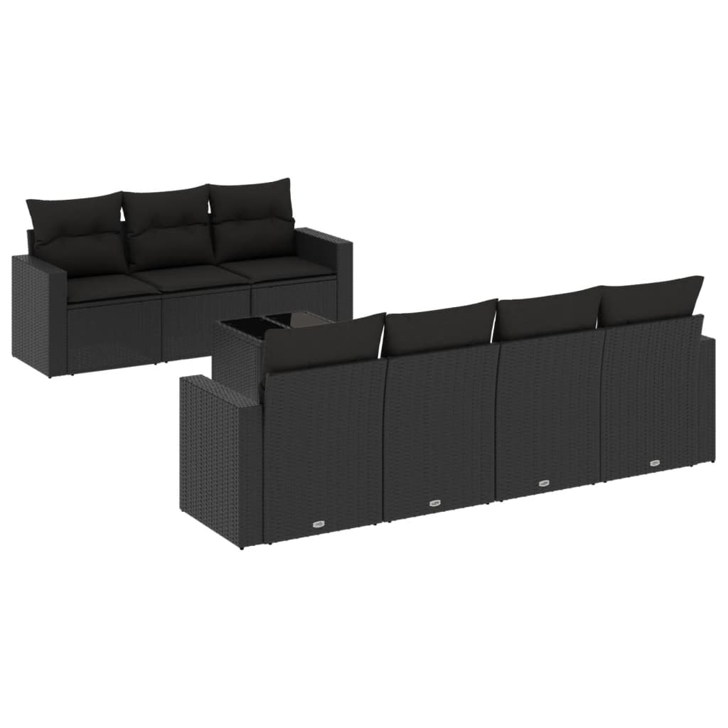 8 részes fekete polyrattan kerti ülőgarnitúra párnákkal