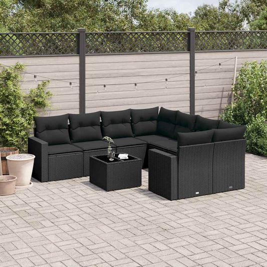 9 részes fekete polyrattan kerti ülőgarnitúra párnákkal