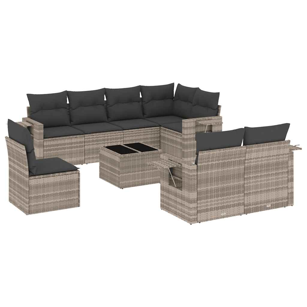9 részes világosszürke polyrattan kerti ülőgarnitúra párnával