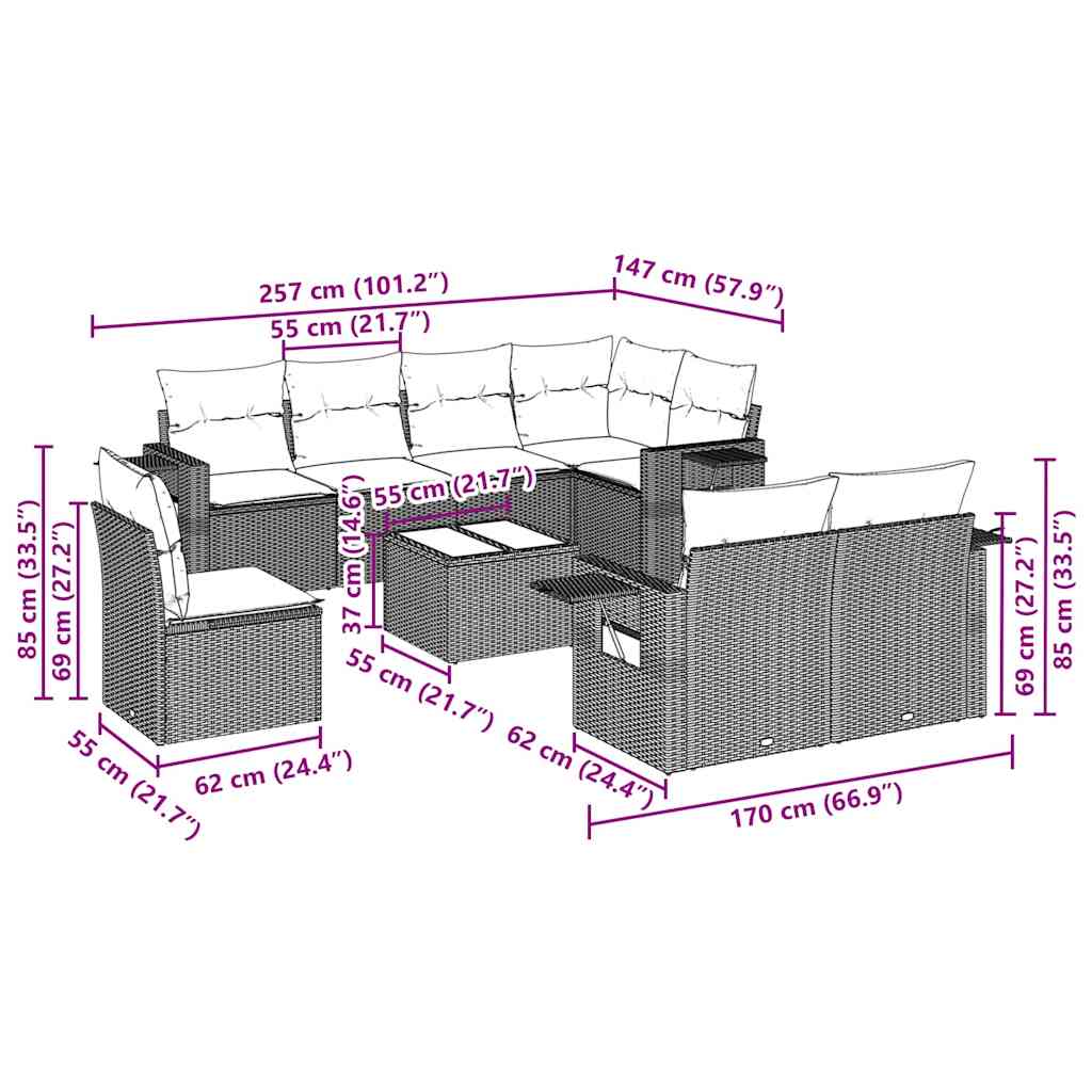 9 részes világosszürke polyrattan kerti ülőgarnitúra párnával